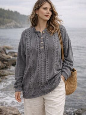 Vintage Fisherman Cable Knit Henley Sweater Gray Cozy Coastal Grandma Pull-over